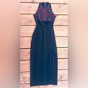 Vintage 90s Y2K Tadashi Slim Maxi Dress Sz S M Red Rose Lace Bodice Black Knit